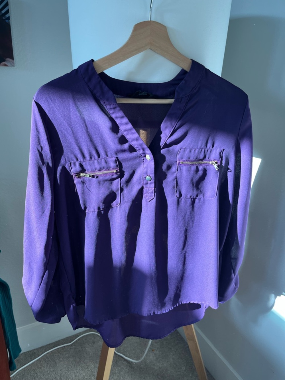 Sweet Wanderer Deep Purple V-Neck Long Sleeve Blouse